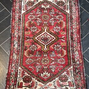Vintage Red and White Geometric Rug
